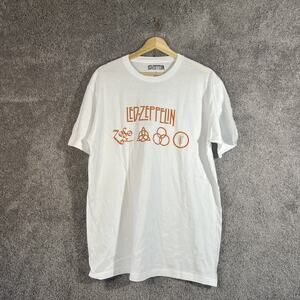 Led Zeppelin T-Shirt Men's Large White Cotton Crewneck Short Sleeve Band Tee